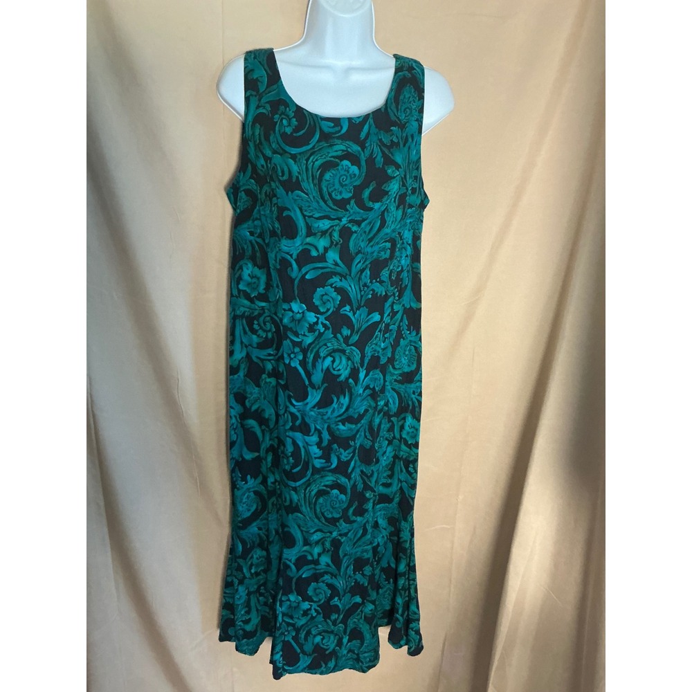 R&K Originals Damask Midi Dress Womens 14 Teal Black Excellent Sleeveless Zip